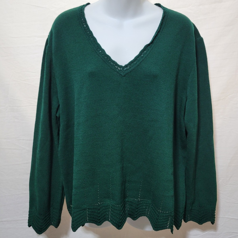 St John Long Sleeve Sweater Women's Size XL Pointelle Green Wool Blend V Neck